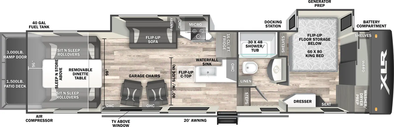 The XLR Nitro 31W16 floorplan is a toy hauler that has one entry and two slide outs. Exterior features include: fiberglass exterior and 20' awning. Interiors features include: front bedroom.